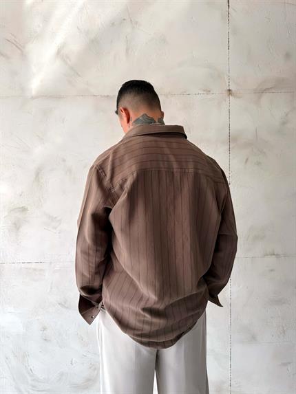 Erkek Premium Çizgili Pamuklu Oversize Gömlek Kahverengi