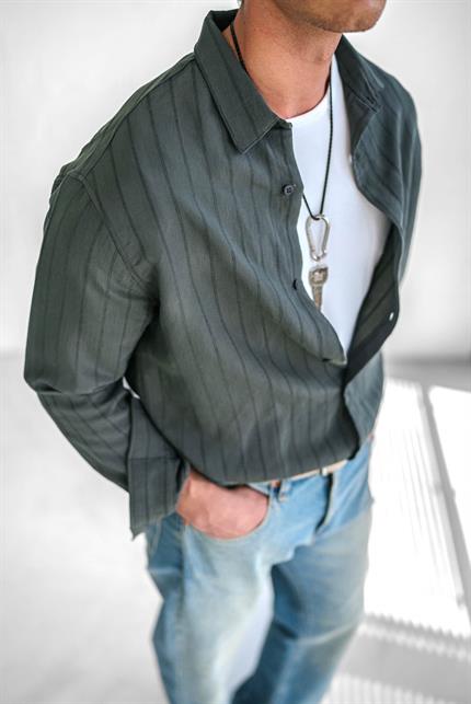 Erkek Premium Çizgili Pamuklu Oversize Gömlek Haki Yeşil