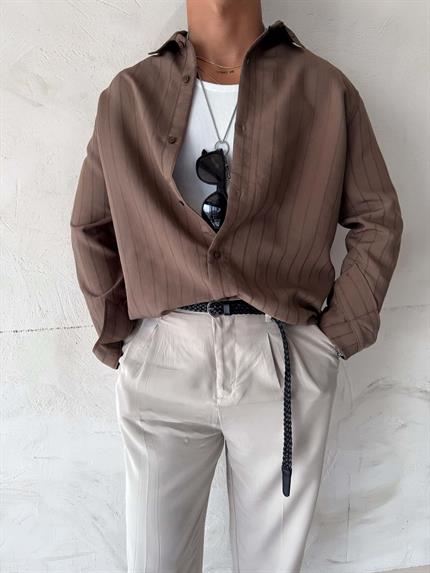 Erkek Premium Çizgili Pamuklu Oversize Gömlek Kahverengi