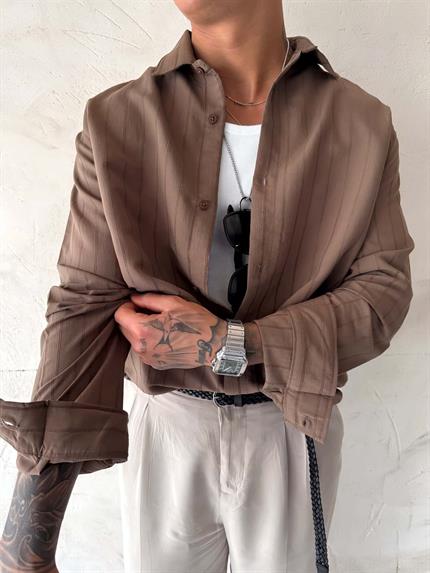 Erkek Premium Çizgili Pamuklu Oversize Gömlek Kahverengi