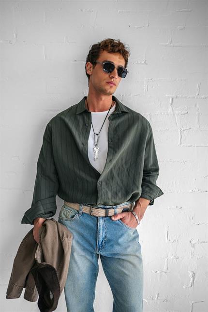 Erkek Premium Çizgili Pamuklu Oversize Gömlek Haki Yeşil