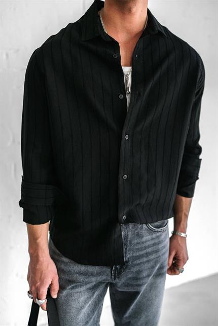 Erkek Premium Çizgili Pamuklu Oversize Gömlek Siyah