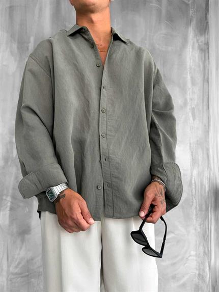 Erkek Premium Çizgili Uzun Kollu Oversize Gömlek Haki Yeşil
