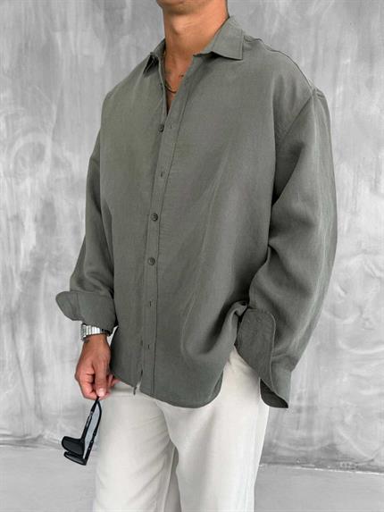 Erkek Premium Çizgili Uzun Kollu Oversize Gömlek Haki Yeşil