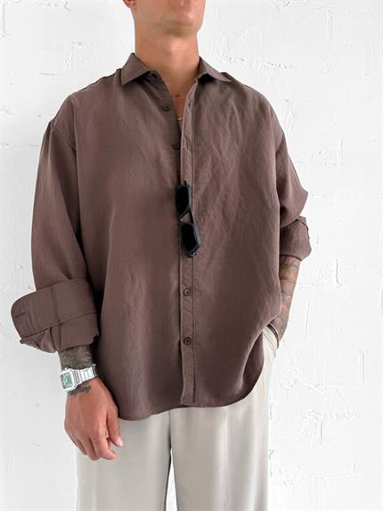 Erkek Premium Çizgili Uzun Kollu Oversize Gömlek Kahverengi