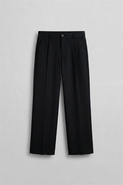Erkek Premium Relaxed Fit Çizgili Takım Pantolonu Siyah