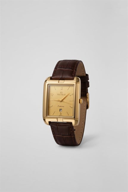 Erkek Premium Vintage Deri Kordon Kol Saati Gold