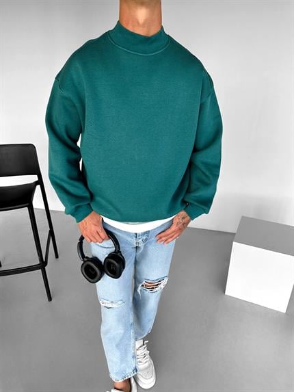Erkek Rahat Kalıp Basic Uzun Kollu Sweatshirt Yeşil