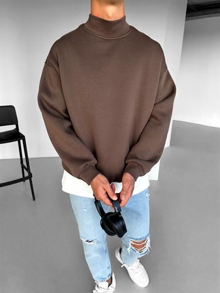 Erkek Rahat Kalıp Basic Uzun Kollu Sweatshirt Kahve