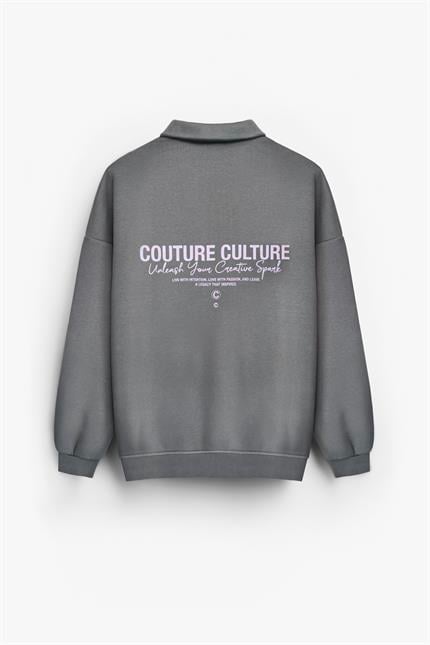 Erkek Rahat Kalıp Baskılı Polo Yaka Sweatshirt Gri