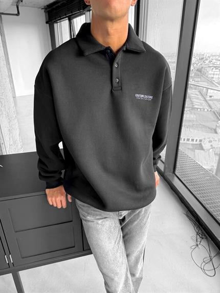 Erkek Rahat Kalıp Baskılı Polo Yaka Sweatshirt Siyah
