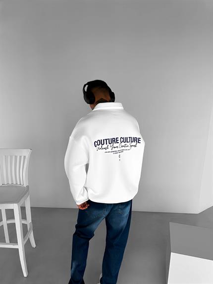 Erkek Rahat Kalıp Baskılı Polo Yaka Sweatshirt Ekru
