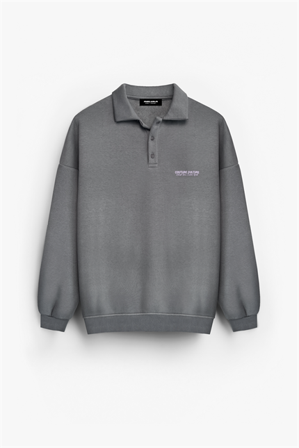 Erkek Rahat Kalıp Baskılı Polo Yaka Sweatshirt Gri