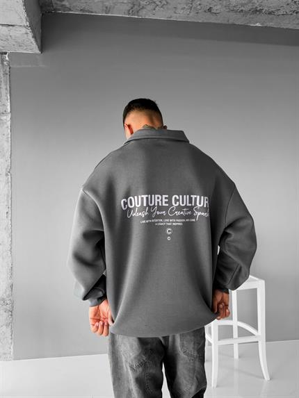 Erkek Rahat Kalıp Baskılı Polo Yaka Sweatshirt Gri