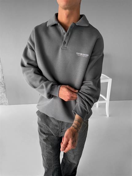 Erkek Rahat Kalıp Baskılı Polo Yaka Sweatshirt Gri