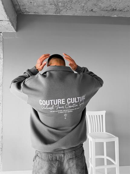Erkek Rahat Kalıp Baskılı Polo Yaka Sweatshirt Gri