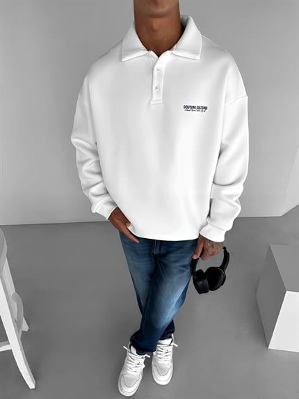 Erkek Rahat Kalıp Baskılı Polo Yaka Sweatshirt Ekru