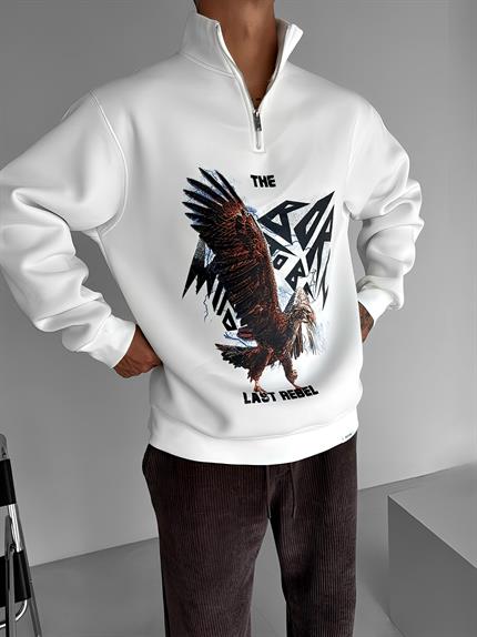 Erkek Rahat Kalıp Baskılı Yarım Fermuarlı Sweatshirt Ekru