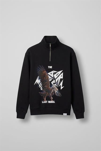 Erkek Rahat Kalıp Baskılı Yarım Fermuarlı Sweatshirt Siyah