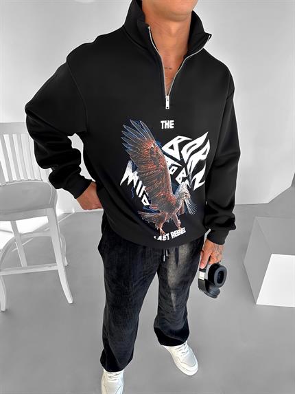 Erkek Rahat Kalıp Baskılı Yarım Fermuarlı Sweatshirt Siyah