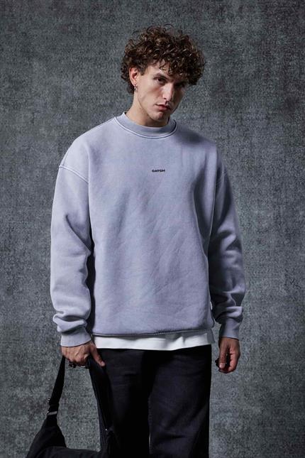 Erkek Rahat Kalıp Baskılı Yuvarlak Yaka Sweatshirt Füme