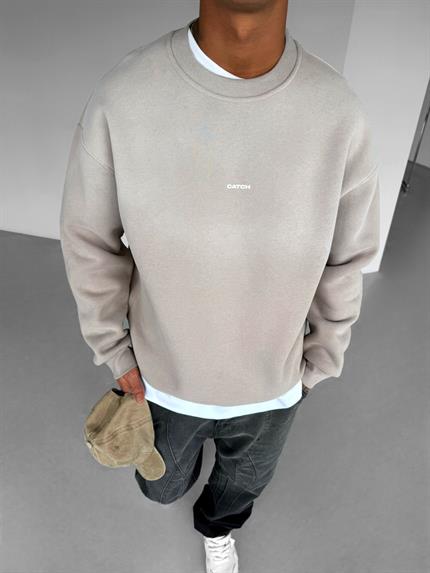 Erkek Rahat Kalıp Baskılı Yuvarlak Yaka Sweatshirt Taş