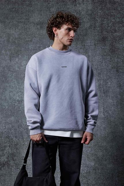 Erkek Rahat Kalıp Baskılı Yuvarlak Yaka Sweatshirt Füme