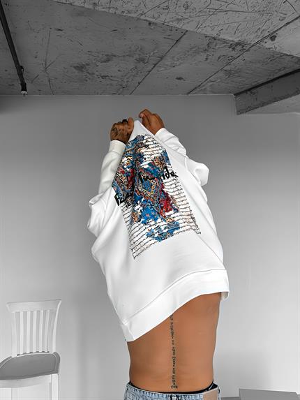 Erkek Rahat Kalıp Baskılı Yuvarlak Yaka Sweatshirt Ekru