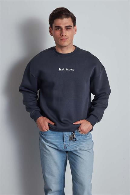 Erkek Rahat Kalıp Baskılı Yuvarlak Yaka Sweatshirt Füme