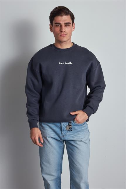 Erkek Rahat Kalıp Baskılı Yuvarlak Yaka Sweatshirt Füme