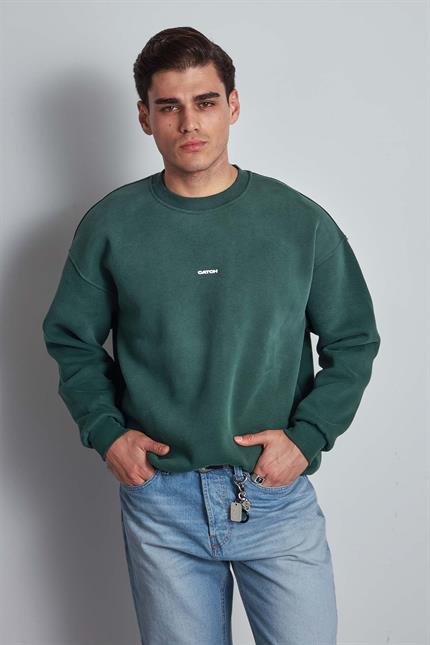 Erkek Rahat Kalıp Baskılı Yuvarlak Yaka Sweatshirt Yeşil