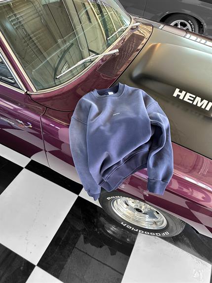 Erkek Rahat Kalıp Baskılı Yuvarlak Yaka Sweatshirt Mavi