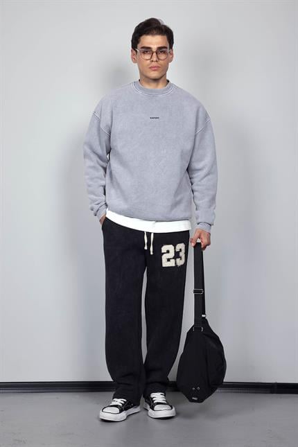 Erkek Rahat Kalıp Baskılı Yuvarlak Yaka Sweatshirt Gri