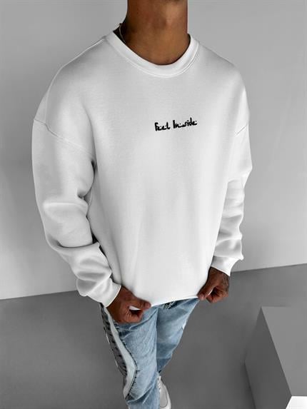 Erkek Rahat Kalıp Baskılı Yuvarlak Yaka Sweatshirt Ekru