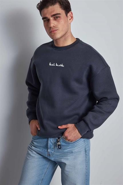 Erkek Rahat Kalıp Baskılı Yuvarlak Yaka Sweatshirt Füme