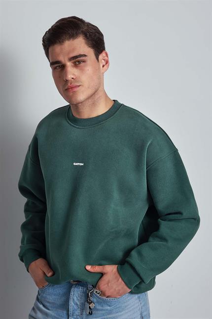 Erkek Rahat Kalıp Baskılı Yuvarlak Yaka Sweatshirt Yeşil