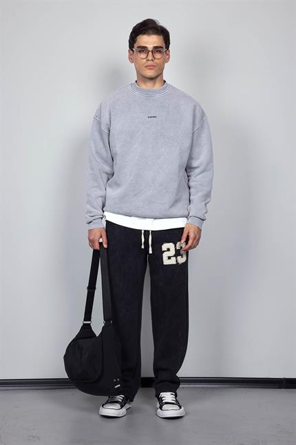 Erkek Rahat Kalıp Baskılı Yuvarlak Yaka Sweatshirt Gri