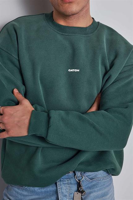 Erkek Rahat Kalıp Baskılı Yuvarlak Yaka Sweatshirt Yeşil