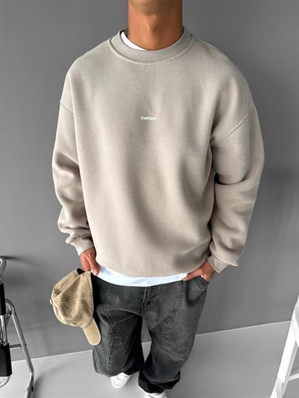 Erkek Rahat Kalıp Baskılı Yuvarlak Yaka Sweatshirt Taş