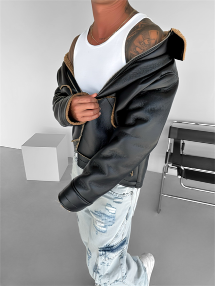 Erkek Rahat Kalıp Deri Peluş Ceket Siyah Camel