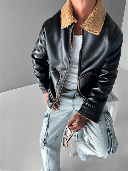 Erkek Rahat Kalıp Deri Peluş Ceket Siyah Camel