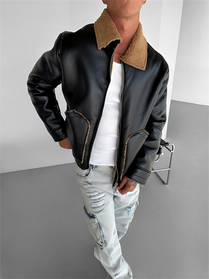 Erkek Rahat Kalıp Deri Peluş Ceket Siyah Camel