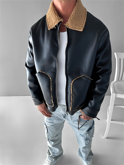 Erkek Rahat Kalıp Deri Peluş Ceket Siyah Camel