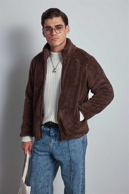 Erkek Rahat Kalıp Dik Yaka Fermuarlı Peluş Ceket Kahverengi