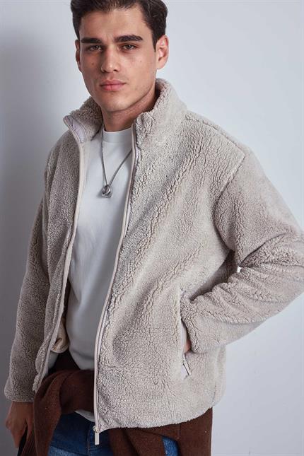 Erkek Rahat Kalıp Dik Yaka Fermuarlı Peluş Ceket Bej