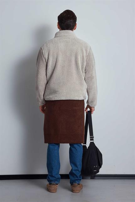 Erkek Rahat Kalıp Dik Yaka Fermuarlı Peluş Ceket Bej