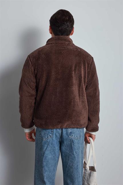 Erkek Rahat Kalıp Dik Yaka Fermuarlı Peluş Ceket Kahverengi
