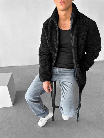 Erkek Rahat Kalıp Dik Yaka Fermuarlı Peluş Ceket Siyah