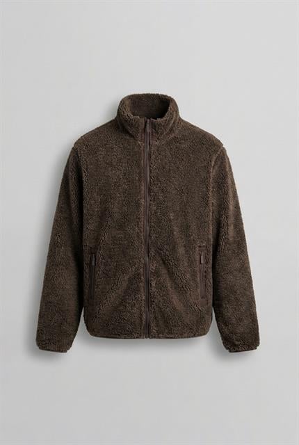 Erkek Rahat Kalıp Dik Yaka Fermuarlı Peluş Ceket Kahverengi