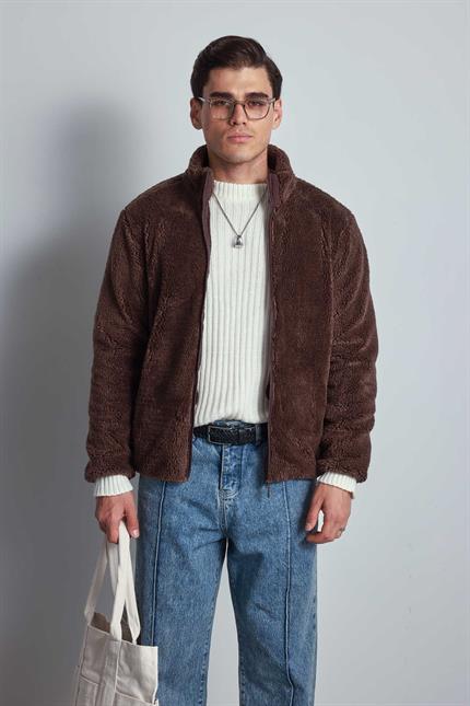 Erkek Rahat Kalıp Dik Yaka Fermuarlı Peluş Ceket Kahverengi